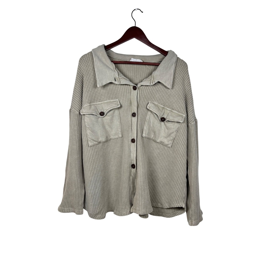 Bucketlist Button Down Shirt Womens Medium Tan Waffle Knit Utility Shacket